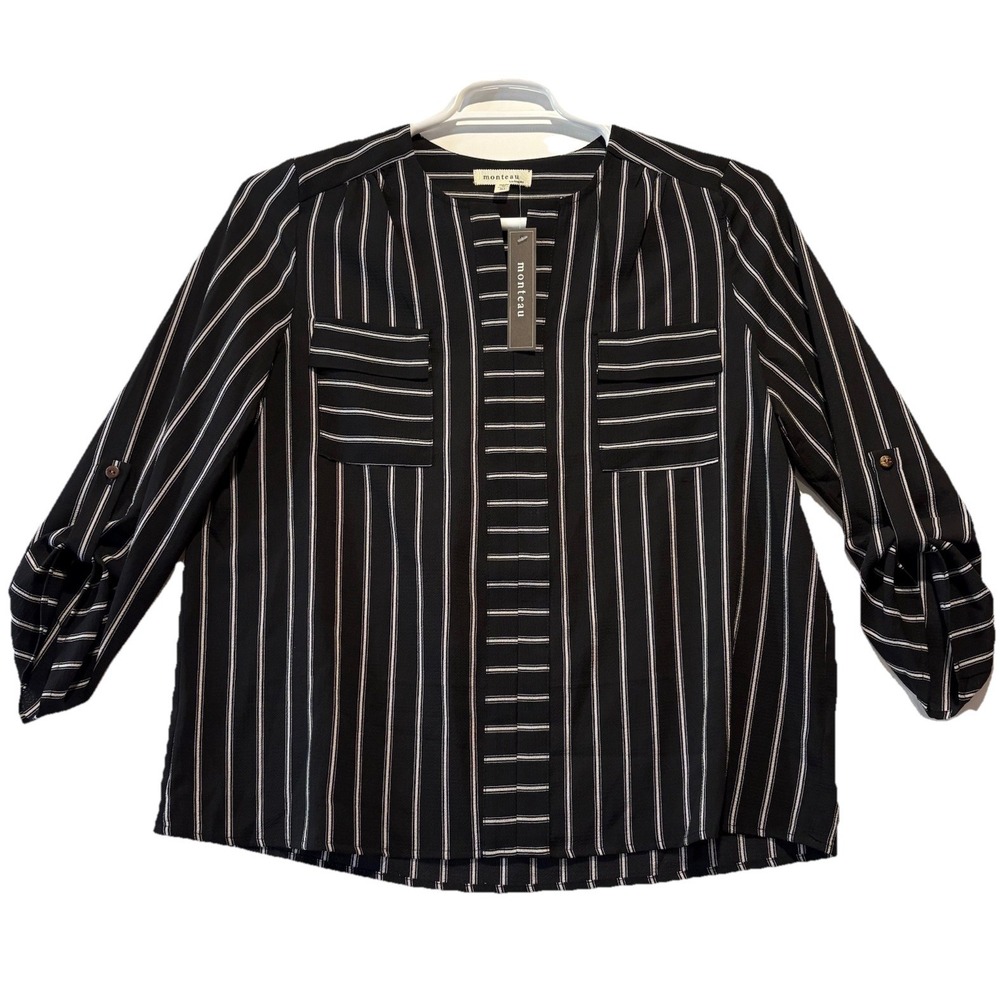 Monteau Black/White Striped 3/4 Roll Tab Sleeve Blouse‎ Women's Size XL